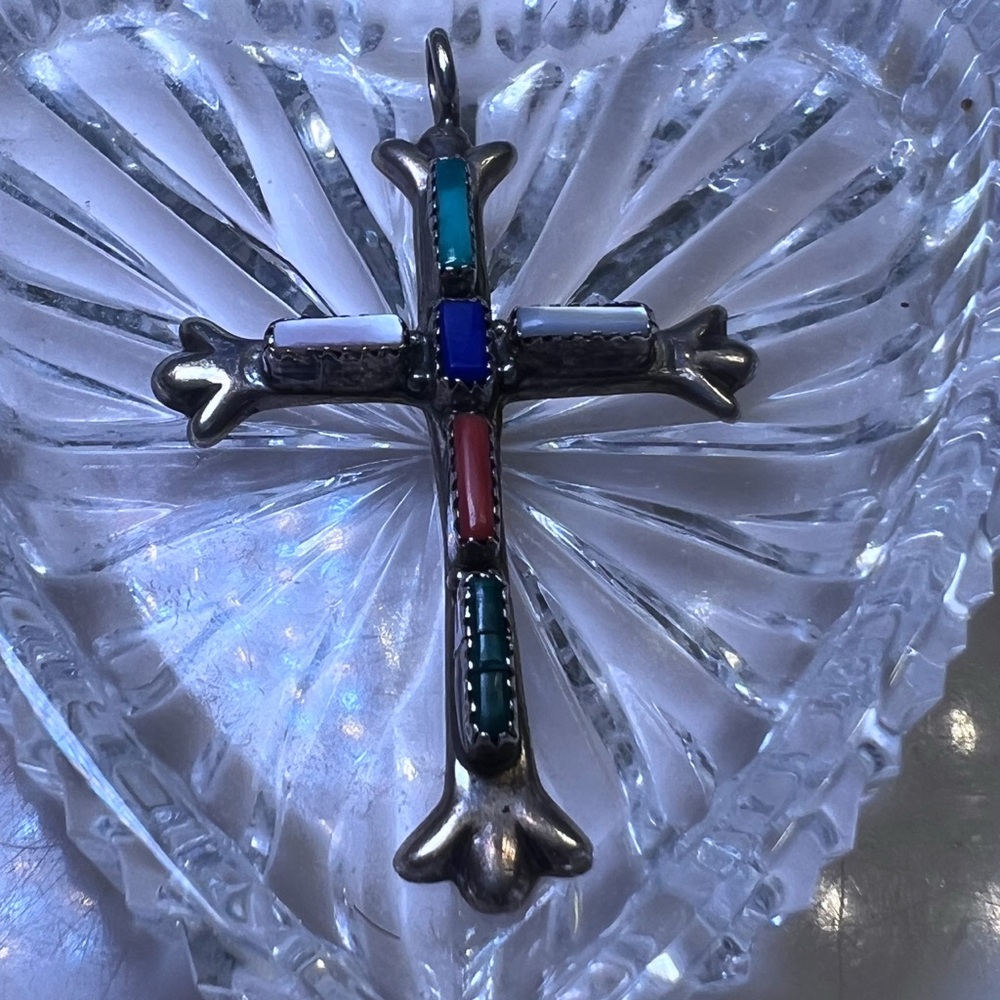 G&L Leekity Zuni Sterling Silver Cross With Multiple Gemstones